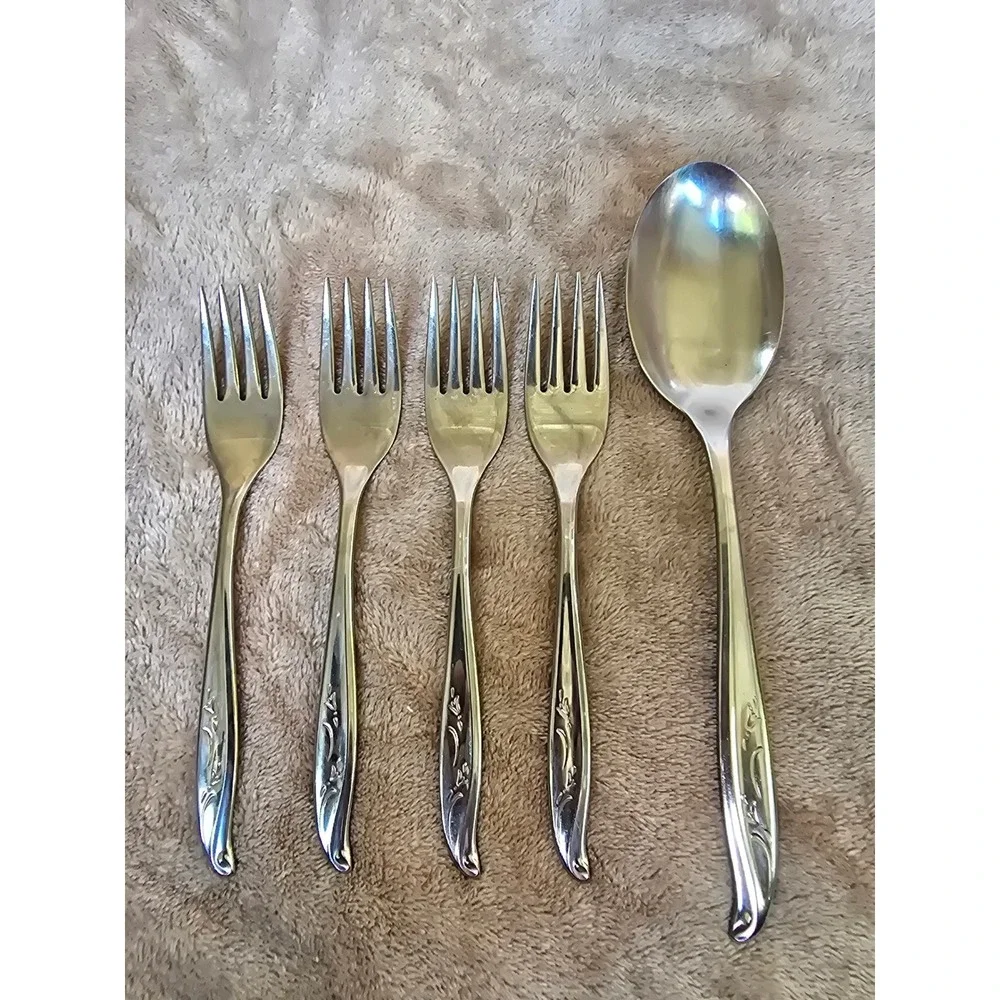 International Stainless Flatware Set 5pc Floral Scroll Salad Forks Soup Spoon
